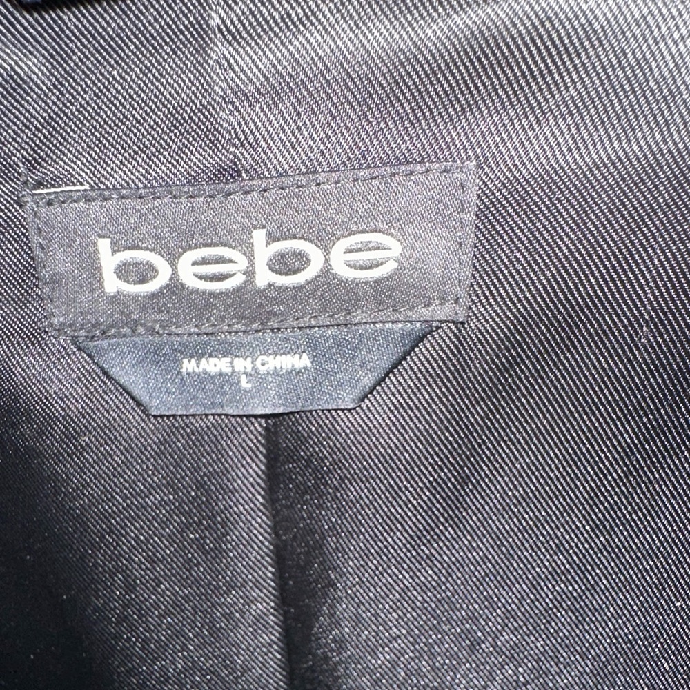 Preowned Bebe Trench Coat Faux Leather Details Belted Full Zipper Black Sz Large - Picture 8 of 8